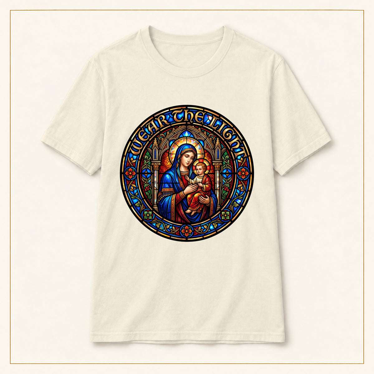 Madonna & Child T-Shirt — Stained Glass — compact lay-flat, original print scale and placement — Natural