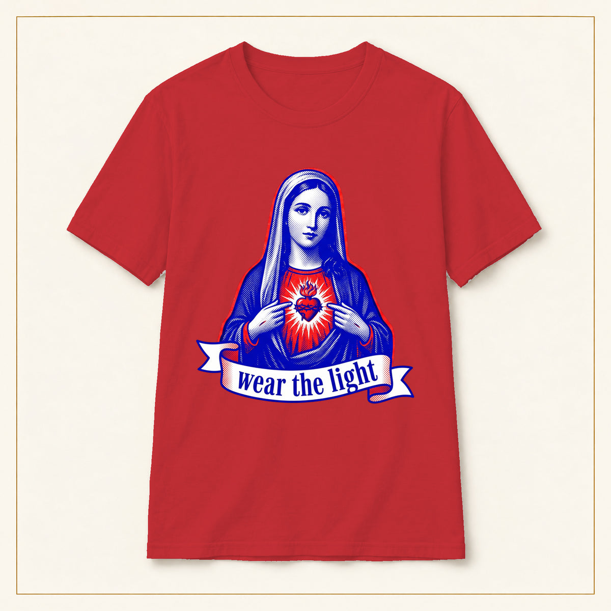 Sacred Heart Mary T-Shirt — Wear the Light — compact lay-flat, original print scale and placement — Red