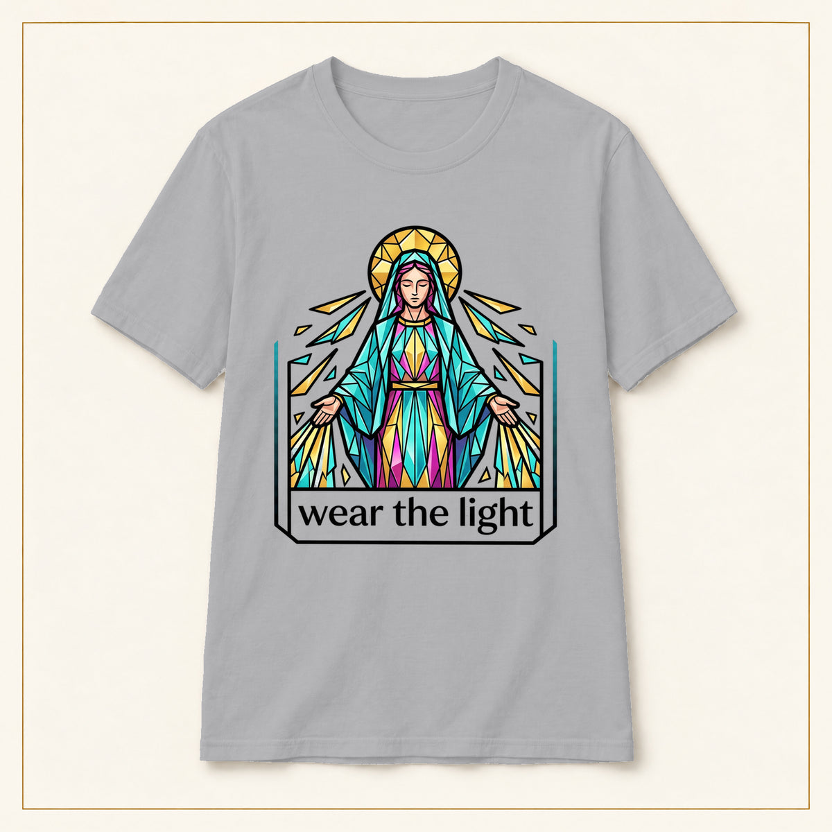Stained Glass Virgin Mary T-Shirt — Wear the Light — compact lay-flat, original print scale and placement — Sport Grey