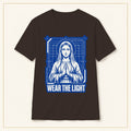 Retro Sacred Madonna T-Shirt — Wear the Light — compact lay-flat, original print scale and placement — Dark Chocolate