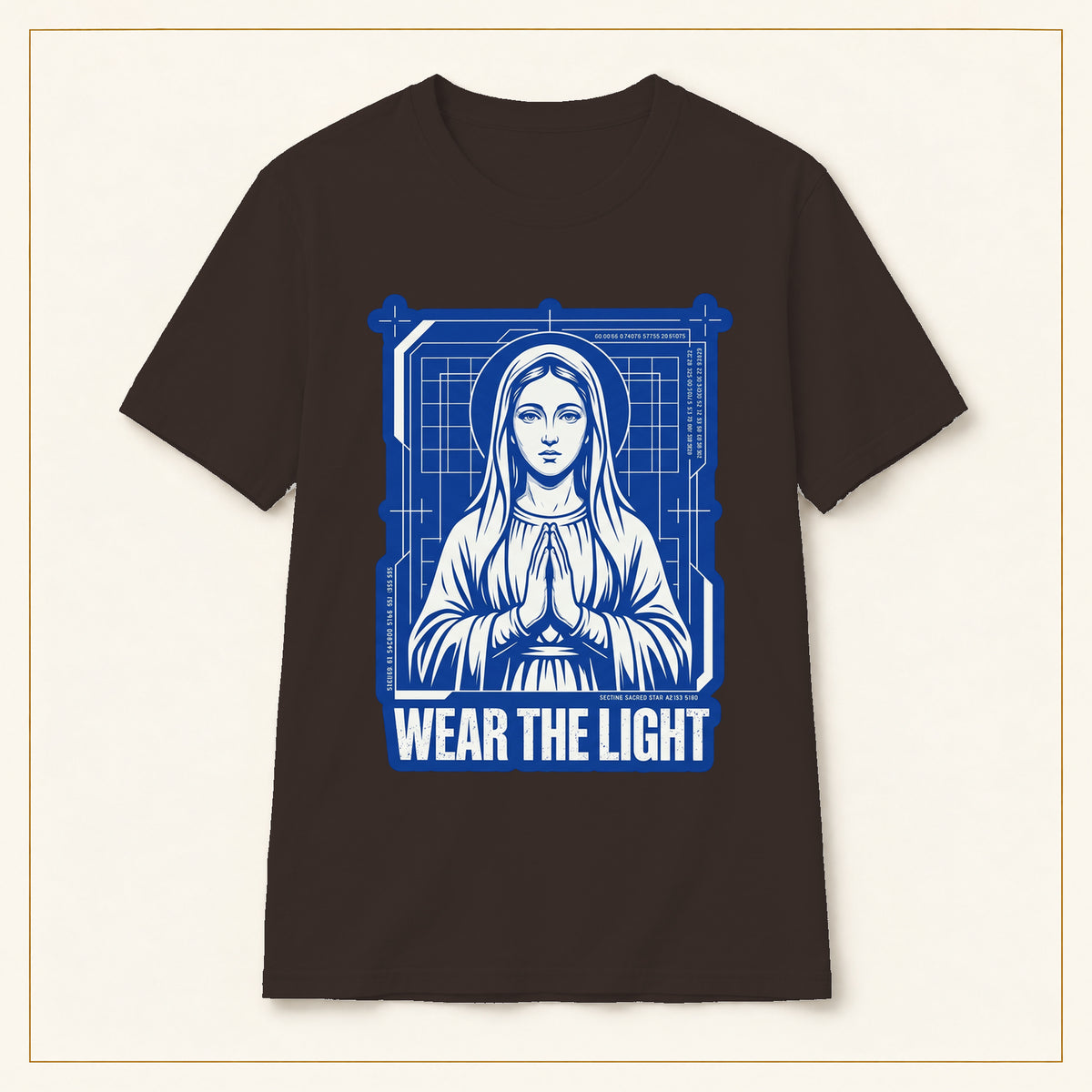 Retro Sacred Madonna T-Shirt — Wear the Light — compact lay-flat, original print scale and placement — Dark Chocolate