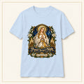 Prayer Through the Night T-Shirt — Our Lady of Champion — compact lay-flat, original print scale and placement — Light Blue