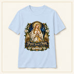 Prayer Through the Night T-Shirt — Our Lady of Champion — compact lay-flat, original print scale and placement — Light Blue