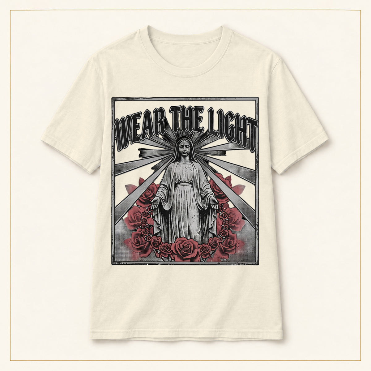 Vintage Rose T-Shirt — Wear the Light — compact lay-flat, original print scale and placement — Natural