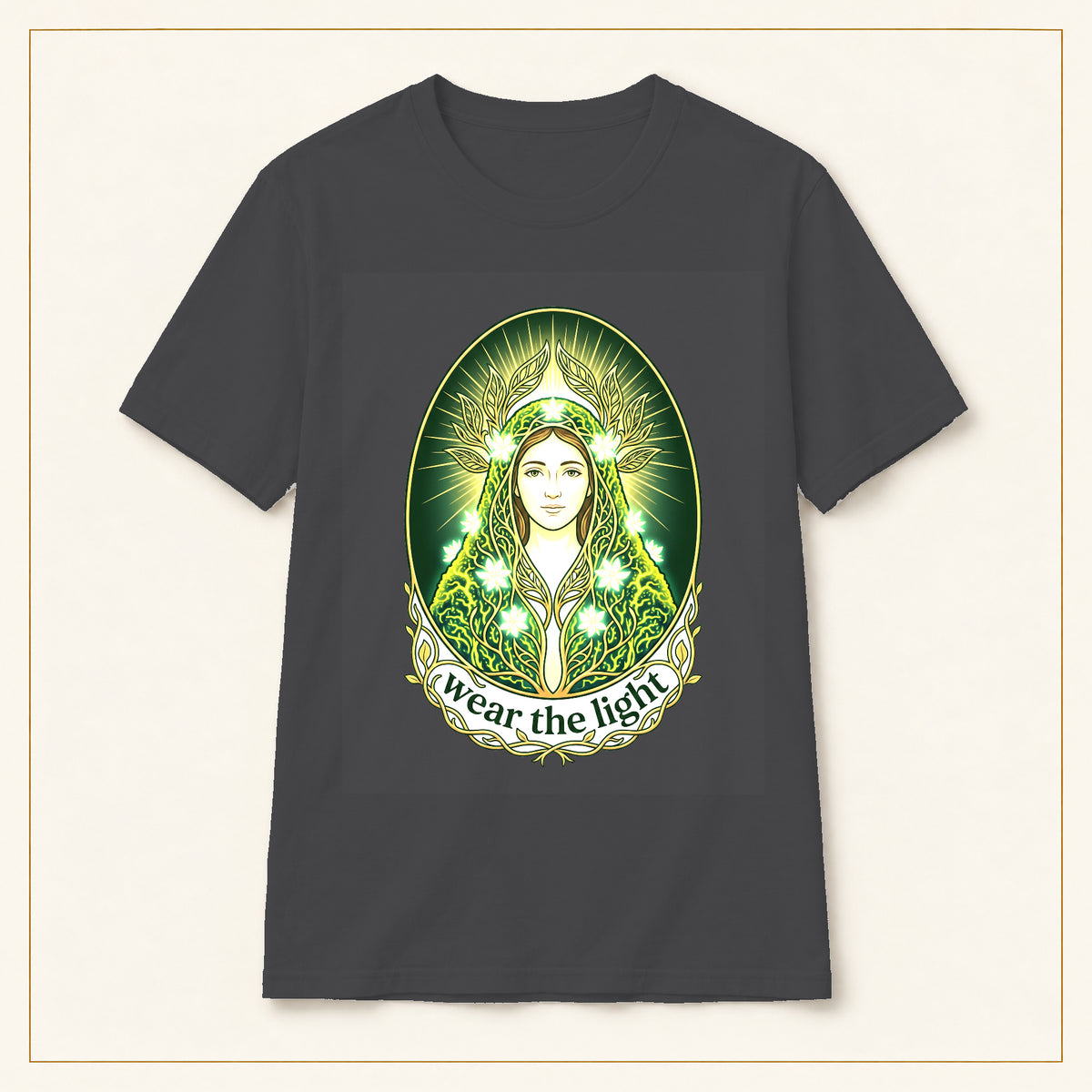 Green Goddess T-Shirt — Wear the Light — compact lay-flat, original print scale and placement — Dark Heather