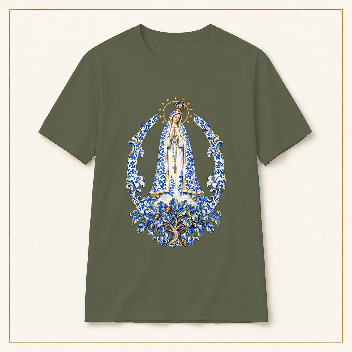 Our Lady of Fátima T-Shirt — Oak Tree Apparition Azulejo — compact lay-flat, original print scale and placement — Military Green