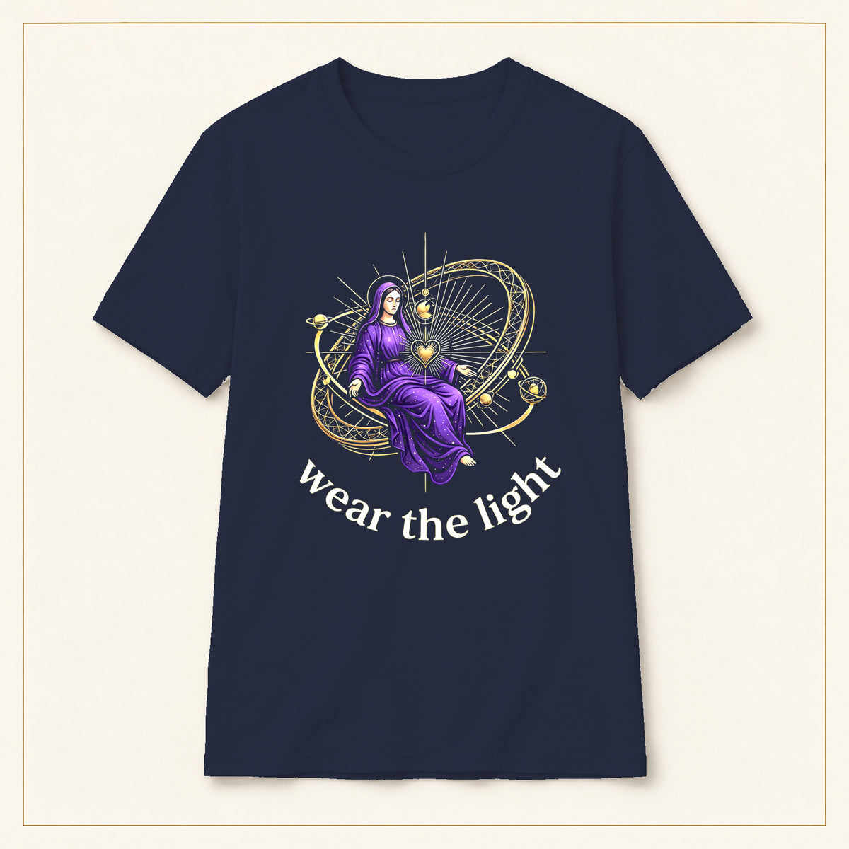 Mystic Goddess T-Shirt — Celestial Orb — compact lay-flat, original print scale and placement — Navy