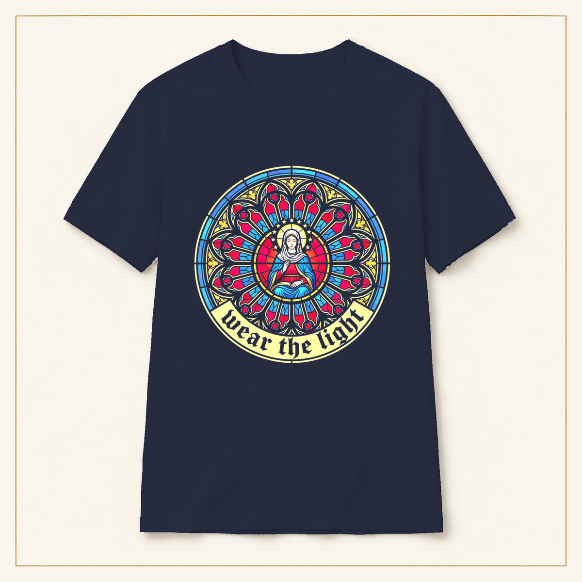 Mary Stained Glass T-Shirt — Wear the Light — compact lay-flat, original print scale and placement — Navy