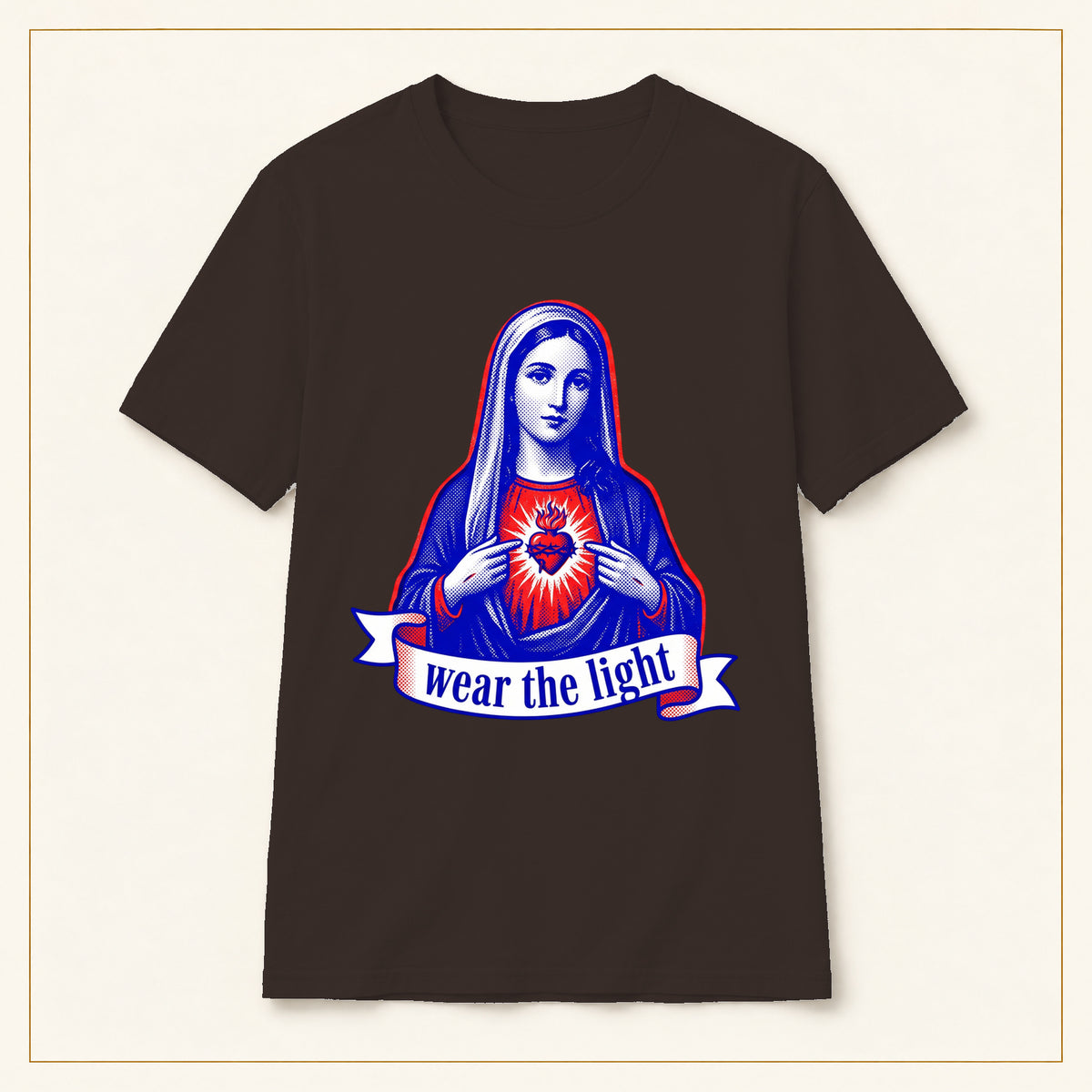 Sacred Heart Mary T-Shirt — Wear the Light — compact lay-flat, original print scale and placement — Dark Chocolate