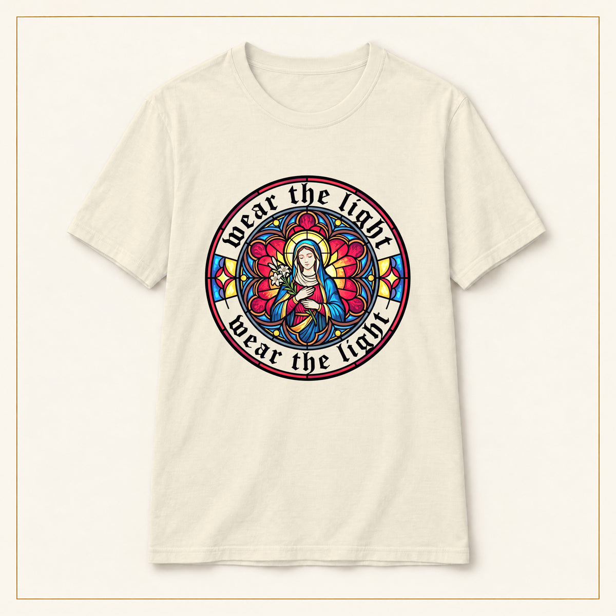 Madonna T-Shirt — Stained Glass Emblem — compact lay-flat, original print scale and placement — Natural