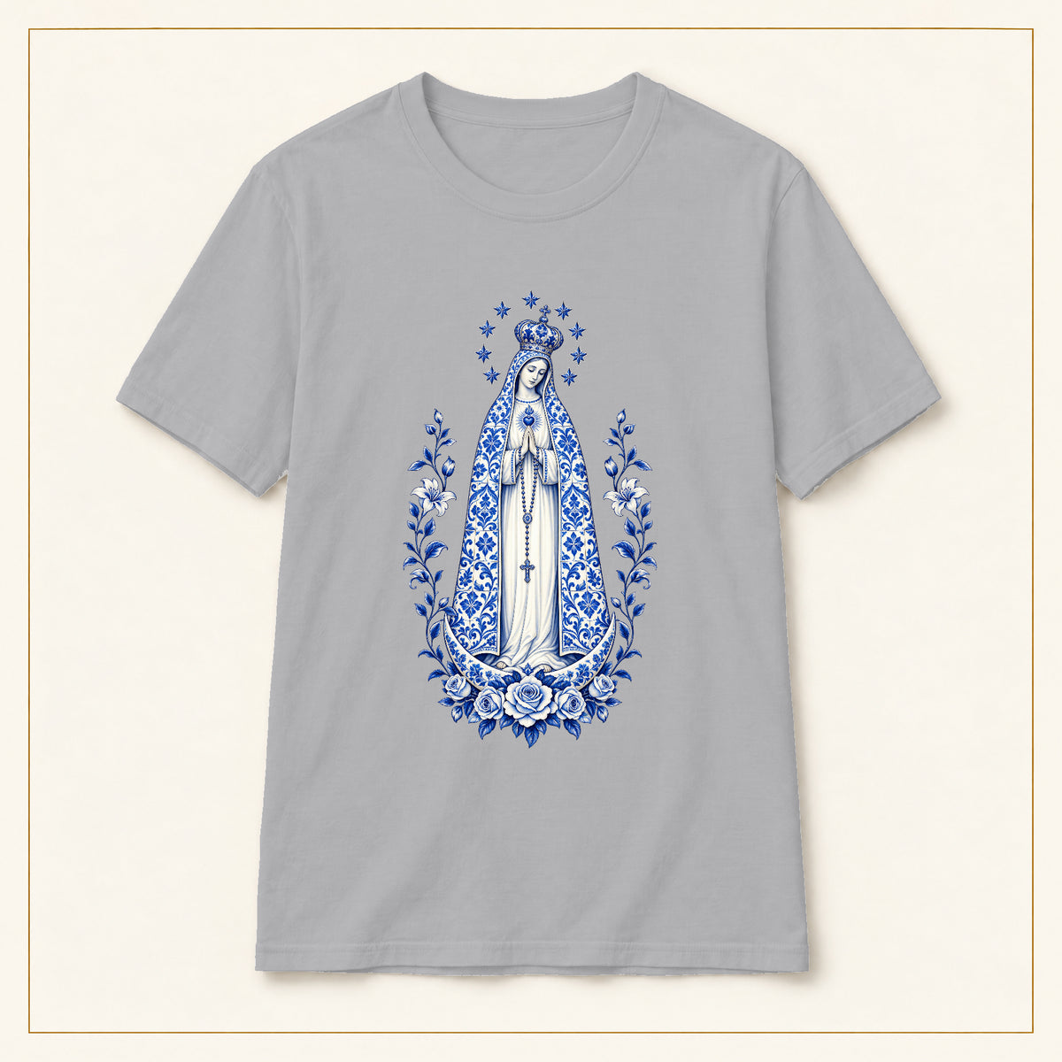 Our Lady of Fátima T-Shirt — Crowned Roses Azulejo — compact lay-flat, original print scale and placement — Sport Grey