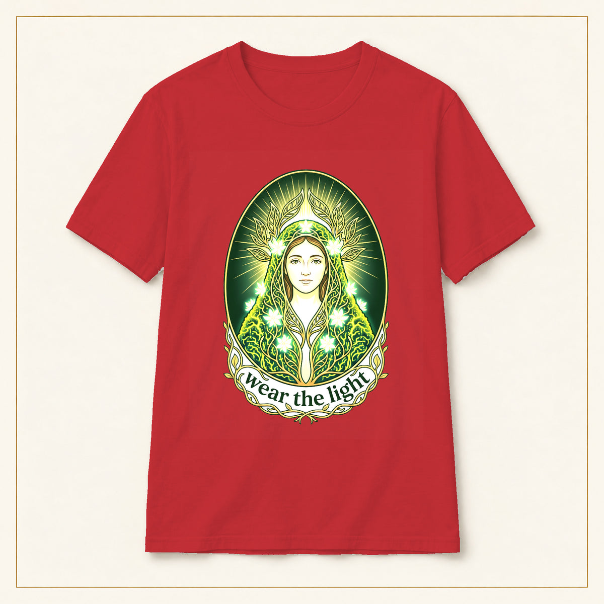 Green Goddess T-Shirt — Wear the Light — compact lay-flat, original print scale and placement — Red