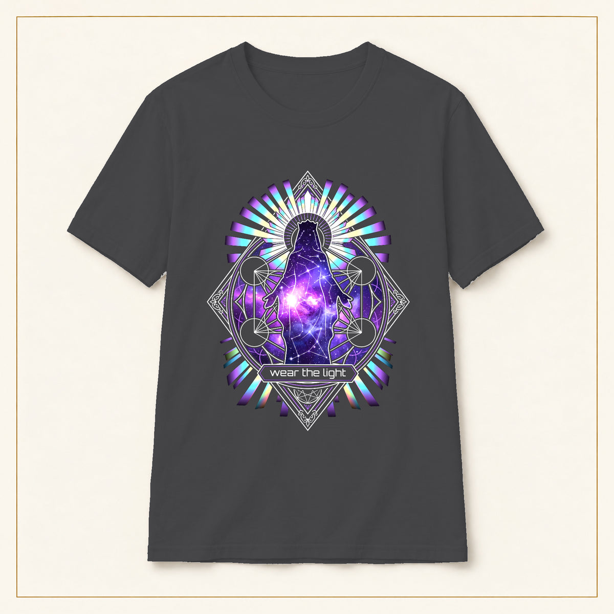 Cosmic Geometry T-Shirt — Wear the Light — compact lay-flat, original print scale and placement — Dark Heather