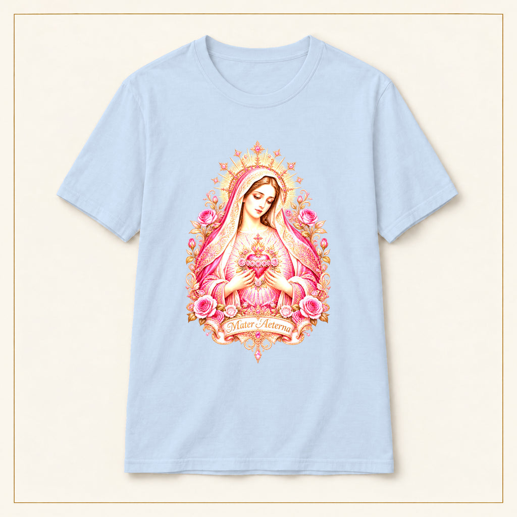 Sacred Heart Mary T-Shirt — Pink Floral — compact lay-flat, original print scale and placement — Light Blue