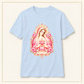 Sacred Heart Mary T-Shirt — Pink Floral — compact lay-flat, original print scale and placement — Light Blue