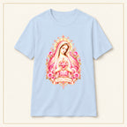 Sacred Heart Mary T-Shirt — Pink Floral — compact lay-flat, original print scale and placement — Light Blue