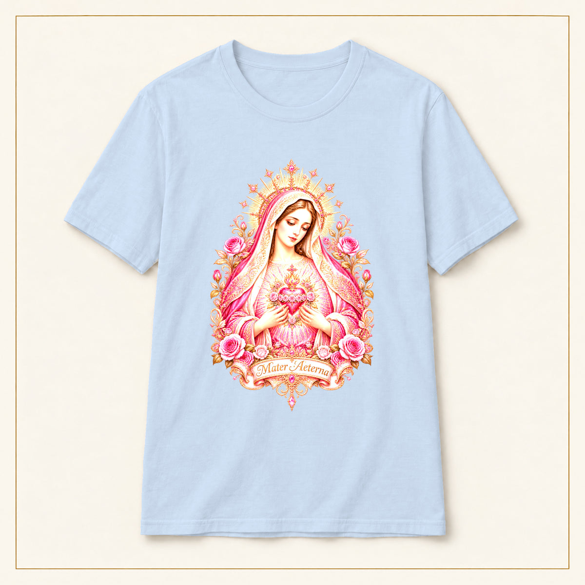 Sacred Heart Mary T-Shirt — Pink Floral — compact lay-flat, original print scale and placement — Light Blue