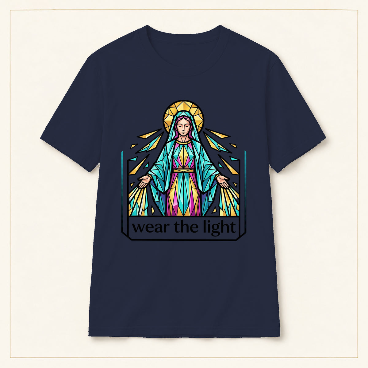 Stained Glass Virgin Mary T-Shirt — Wear the Light — compact lay-flat, original print scale and placement — Navy