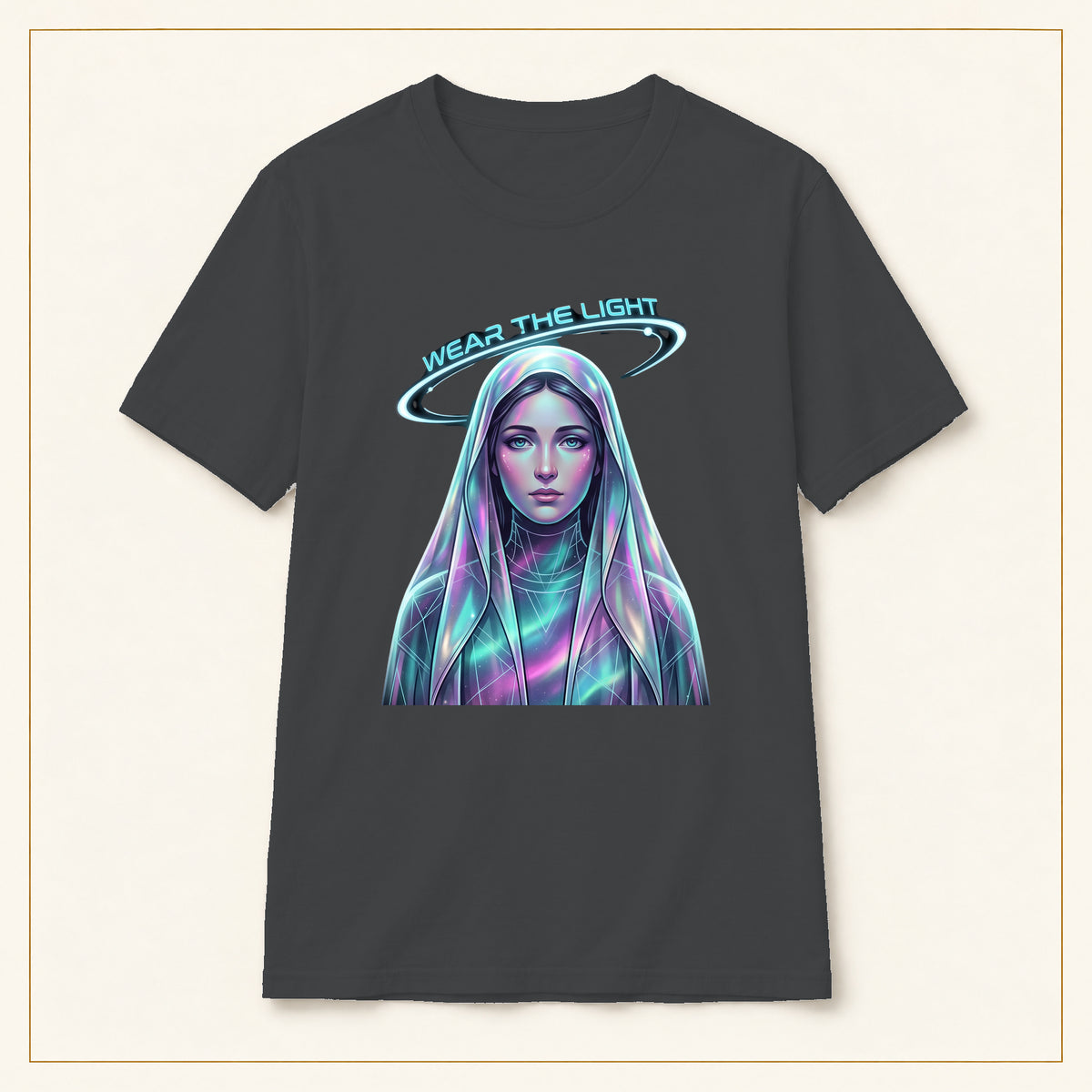 Neon Halo Portrait T-Shirt — Wear the Light — compact lay-flat, production print scale and placement — Dark Heather