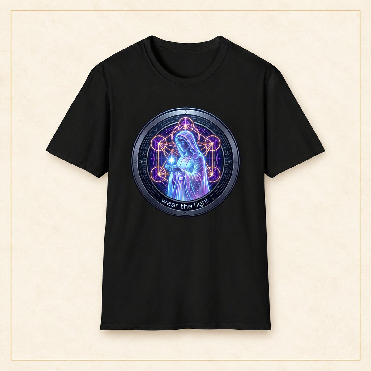 Virgin Mary T-Shirt — Neon Sacred Geometry — black shirt on warm limestone with gold frame