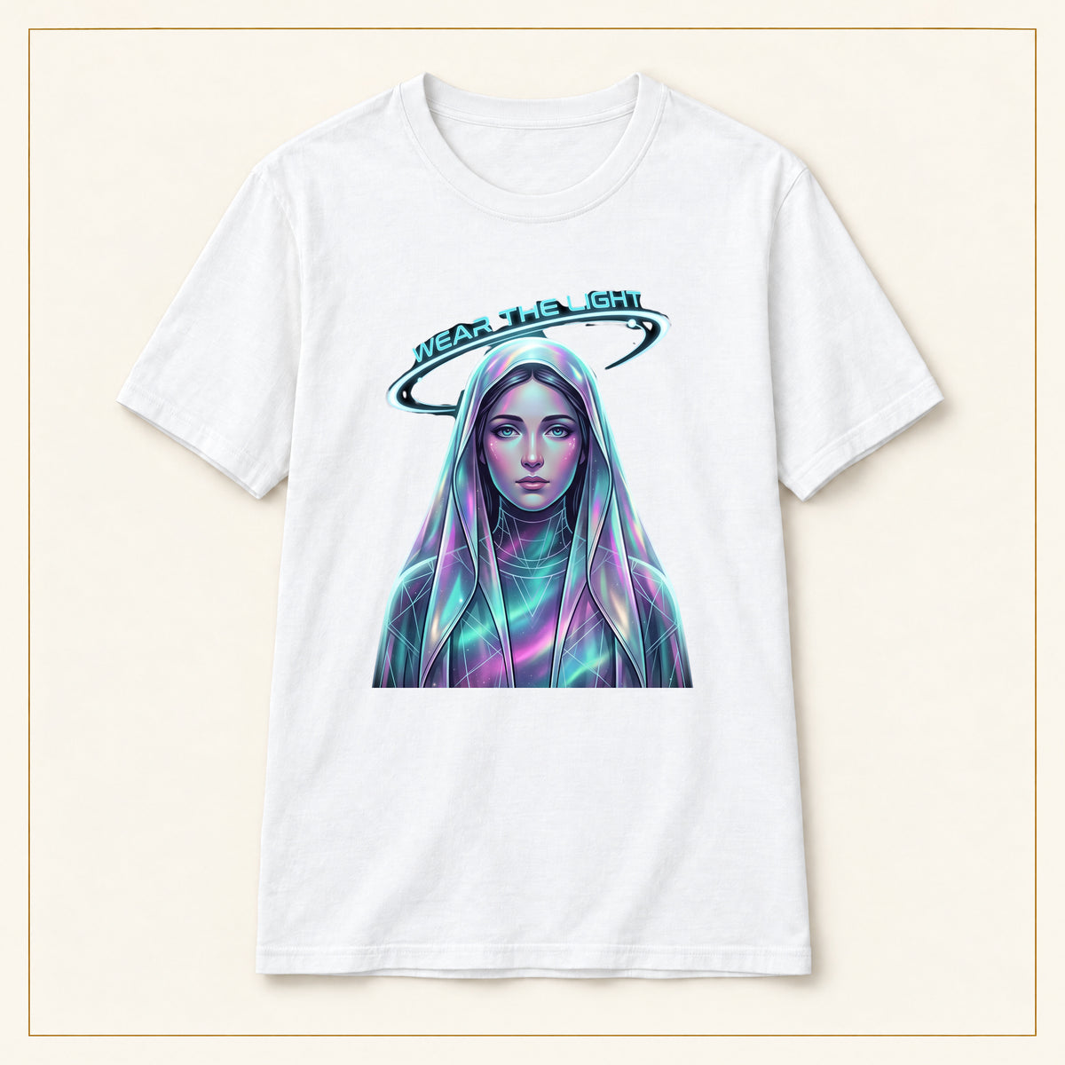 Neon Halo Portrait T-Shirt — Wear the Light — compact lay-flat, production print scale and placement — White