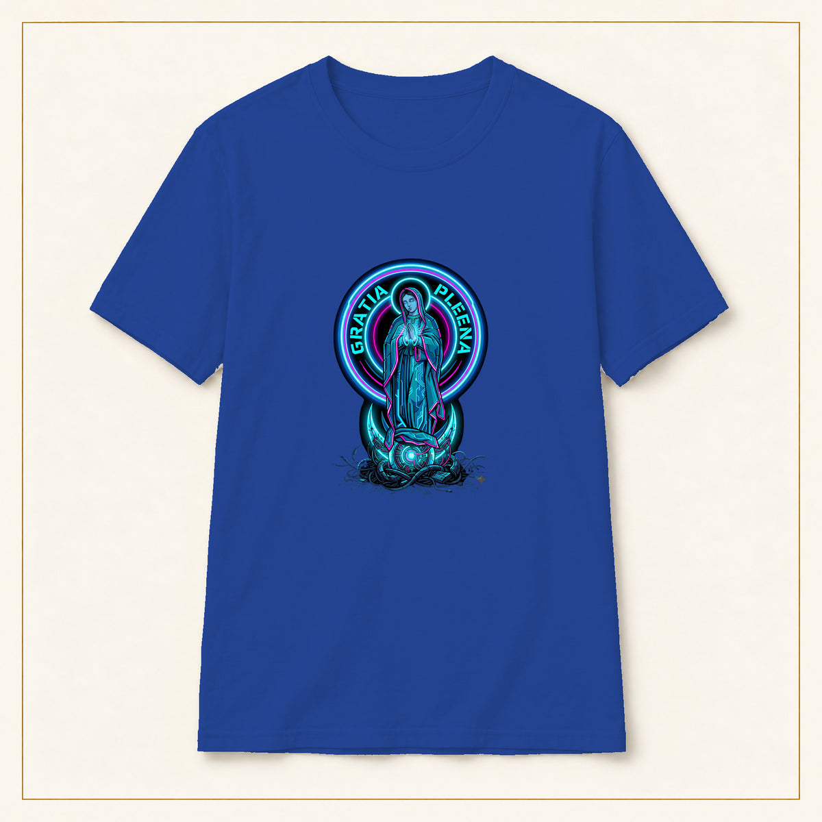 Gratia Plena T-Shirt — Neon Virgin Mary — compact lay-flat, production print scale and placement — Royal
