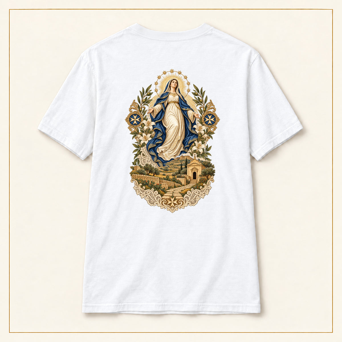 Our Lady of Ta' Pinu — Gozo Pilgrimage White T-Shirt — compact lay-flat, original print scale and placement — back view