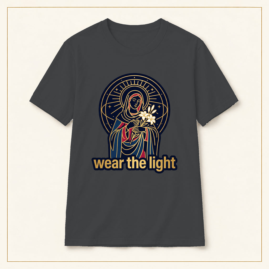 Radiant Madonna T-Shirt — Wear the Light — compact lay-flat, production print scale and placement — Dark Heather
