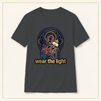 Radiant Madonna T-Shirt — Wear the Light — compact lay-flat, production print scale and placement — Dark Heather