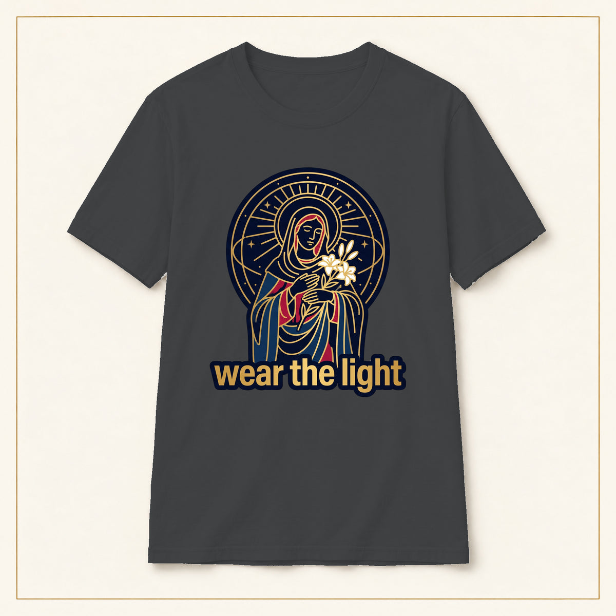 Radiant Madonna T-Shirt — Wear the Light — compact lay-flat, production print scale and placement — Dark Heather