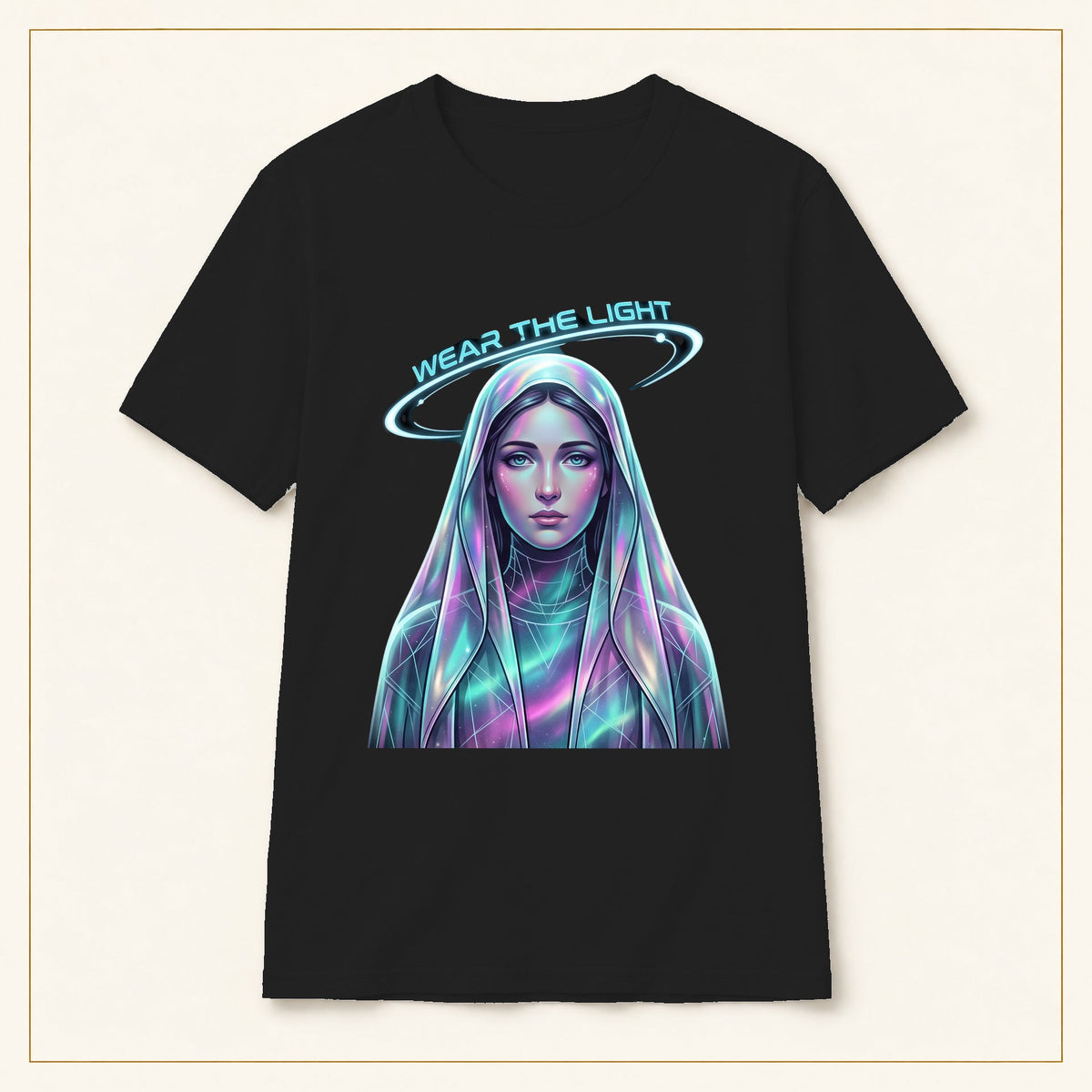 Neon Halo Portrait T-Shirt — Wear the Light — black shirt on warm limestone with gold frame