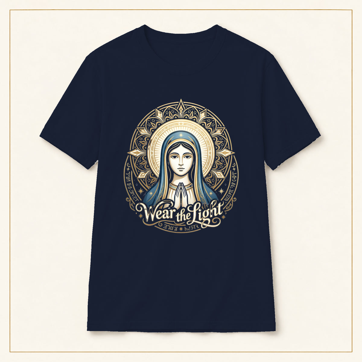 Virgin Mary Mandala T-Shirt — Sacred Geometry — compact lay-flat, production print scale and placement — Navy