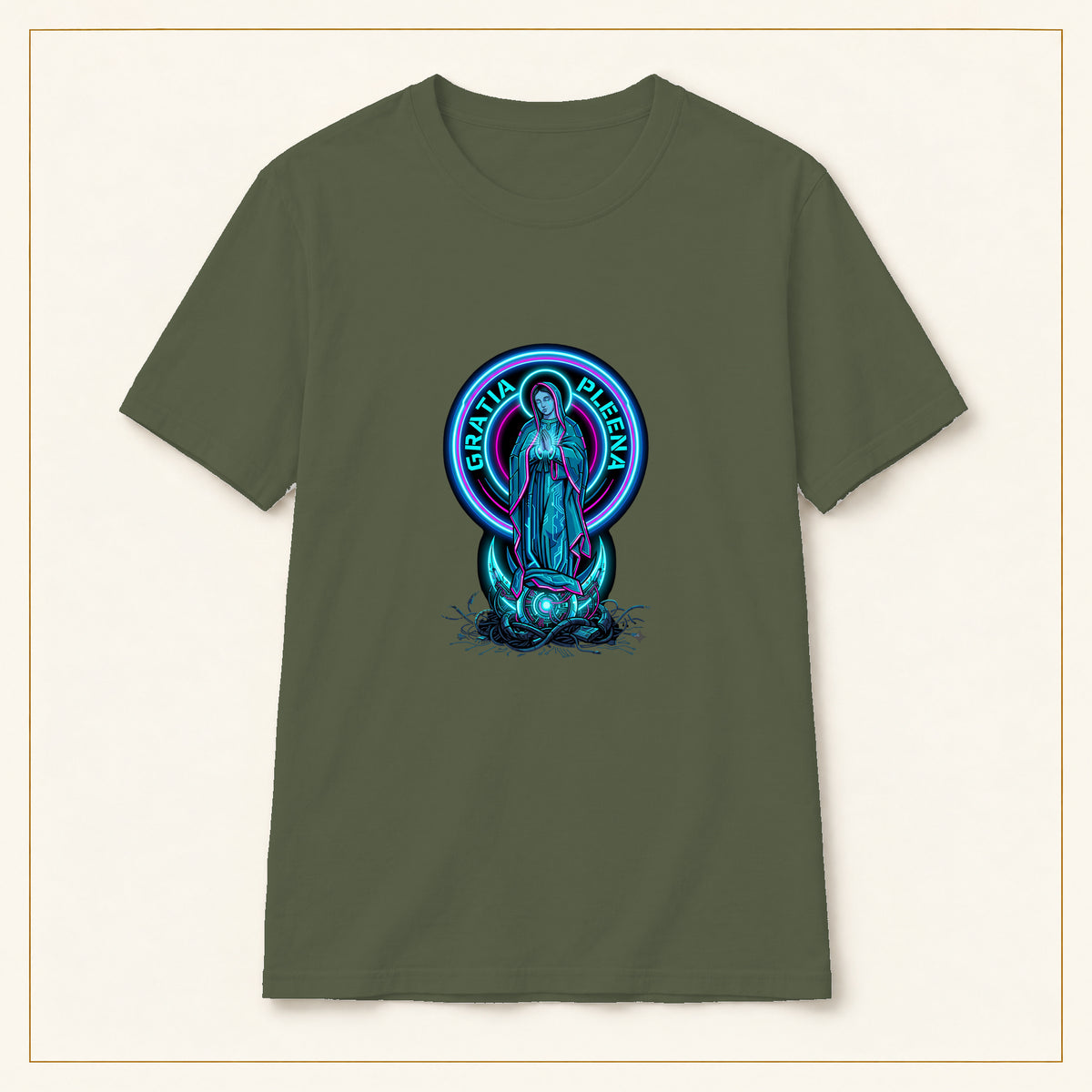 Gratia Plena T-Shirt — Neon Virgin Mary — compact lay-flat, production print scale and placement — Military Green