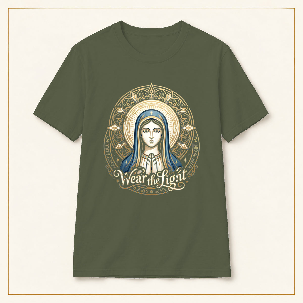 Virgin Mary Mandala T-Shirt — Sacred Geometry — compact lay-flat, production print scale and placement — Military Green