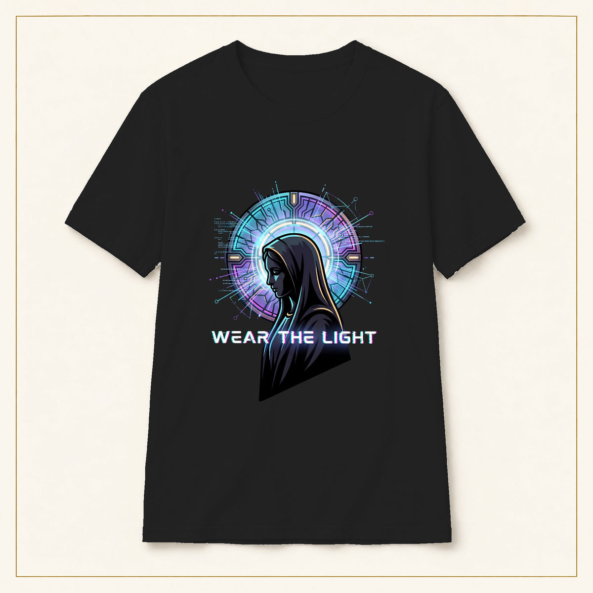 Sci-Fi Halo T-Shirt — Embrace the Light — black shirt on warm limestone with gold frame