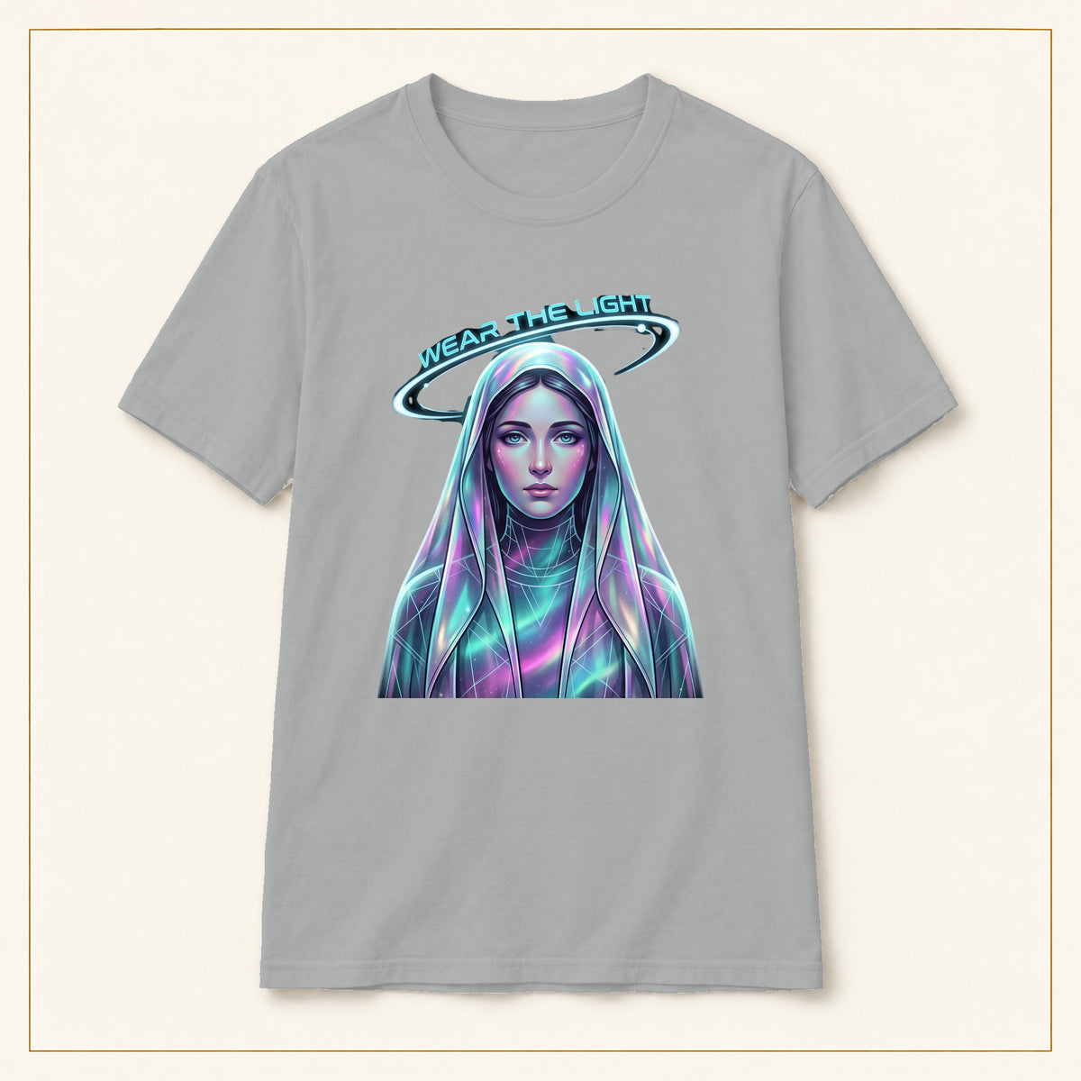 Neon Halo Portrait T-Shirt — Wear the Light — compact lay-flat, production print scale and placement — Sport Grey