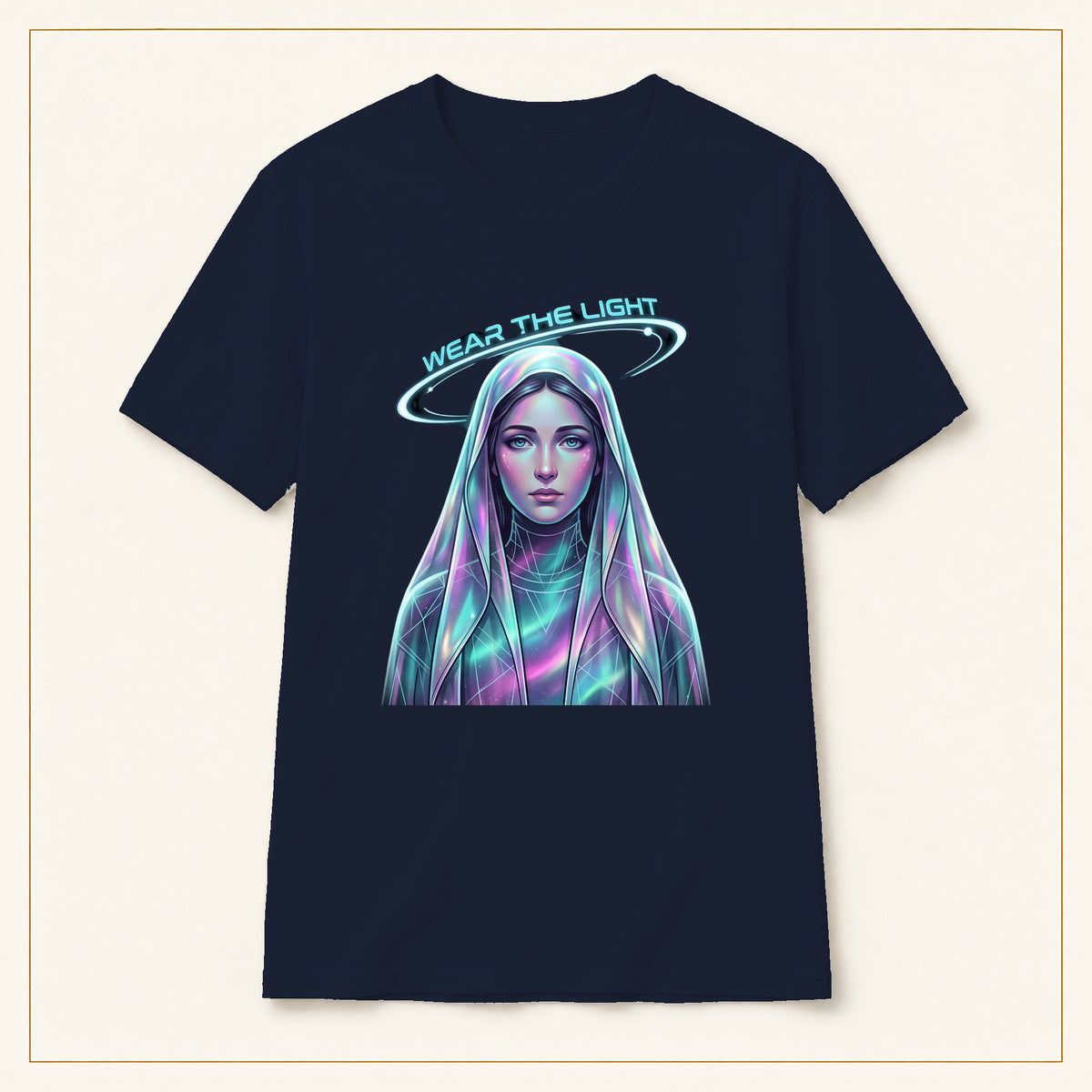 Neon Halo Portrait T-Shirt — Wear the Light — compact lay-flat, production print scale and placement — Navy