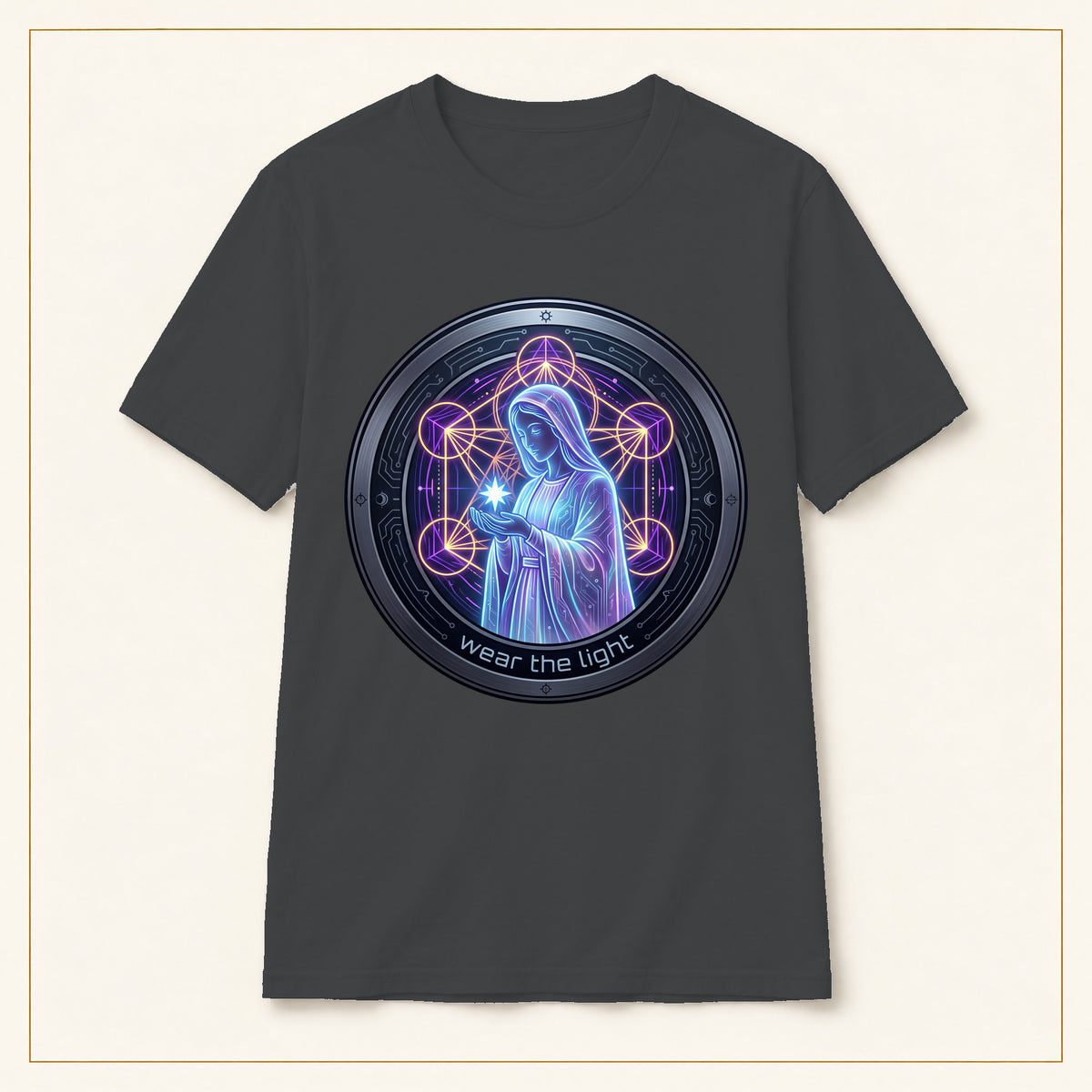 Virgin Mary T-Shirt — Neon Sacred Geometry — compact lay-flat, production print scale and placement — Dark Heather