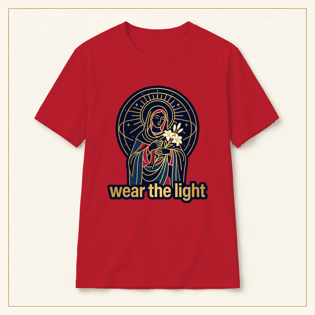 Radiant Madonna T-Shirt — Wear the Light — compact lay-flat, production print scale and placement — Red