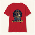 Radiant Madonna T-Shirt — Wear the Light — compact lay-flat, production print scale and placement — Red