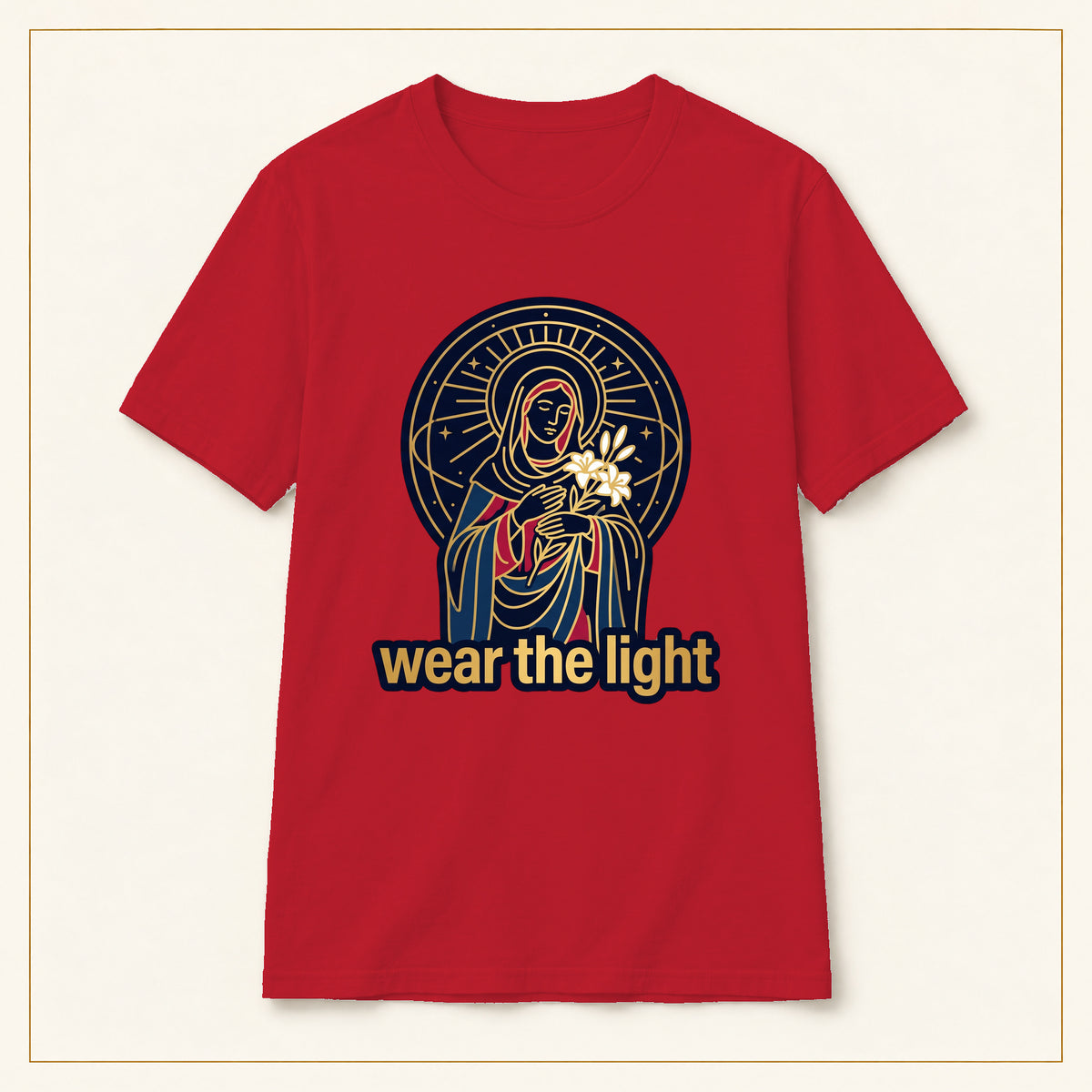 Radiant Madonna T-Shirt — Wear the Light — compact lay-flat, production print scale and placement — Red