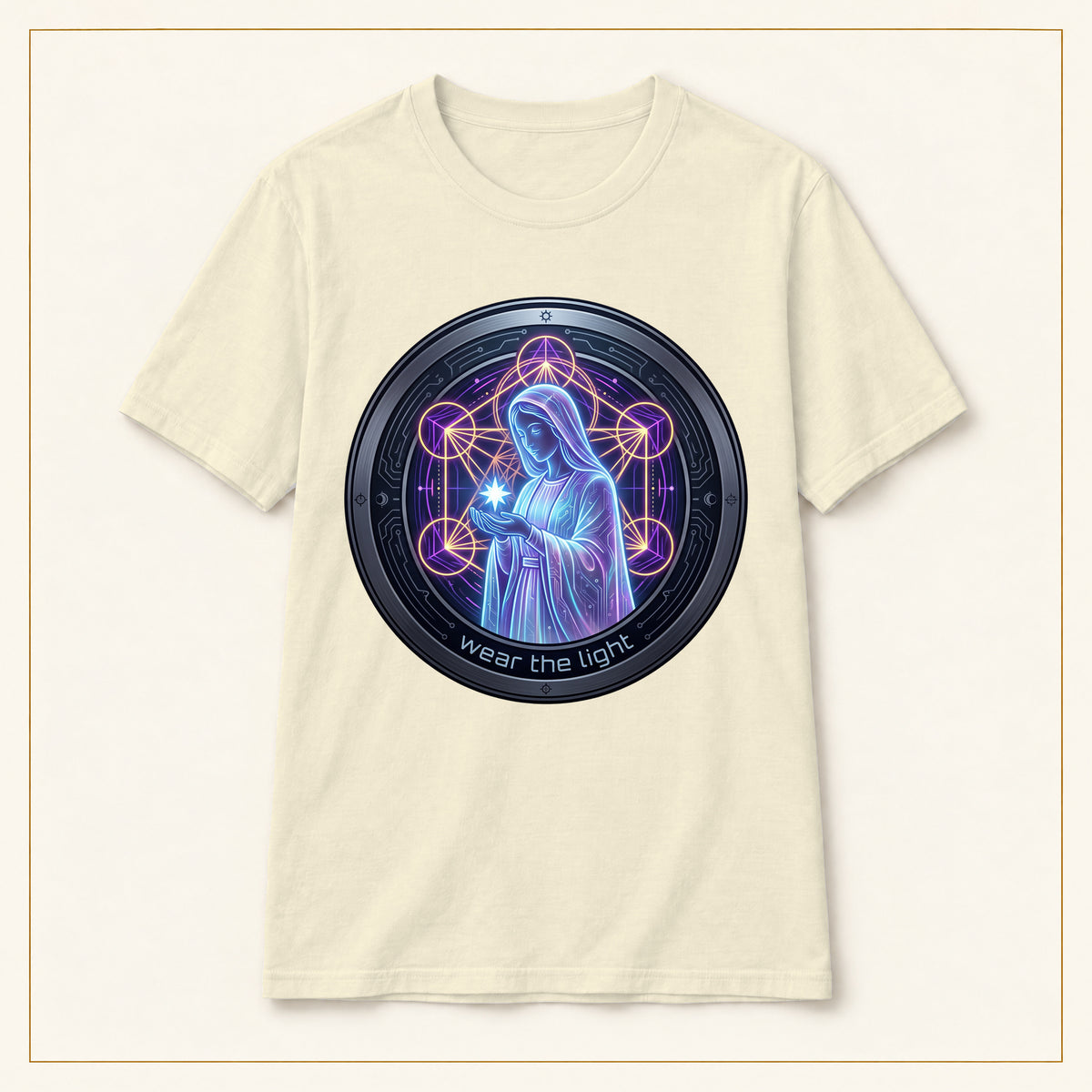 Virgin Mary T-Shirt — Neon Sacred Geometry — compact lay-flat, production print scale and placement — Natural