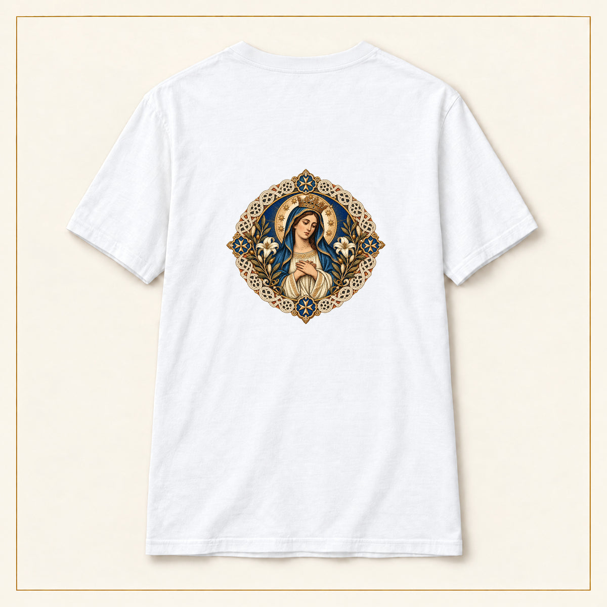 Our Lady of Ta' Pinu — Lace Madonna White T-Shirt — compact lay-flat, original print scale and placement — back view
