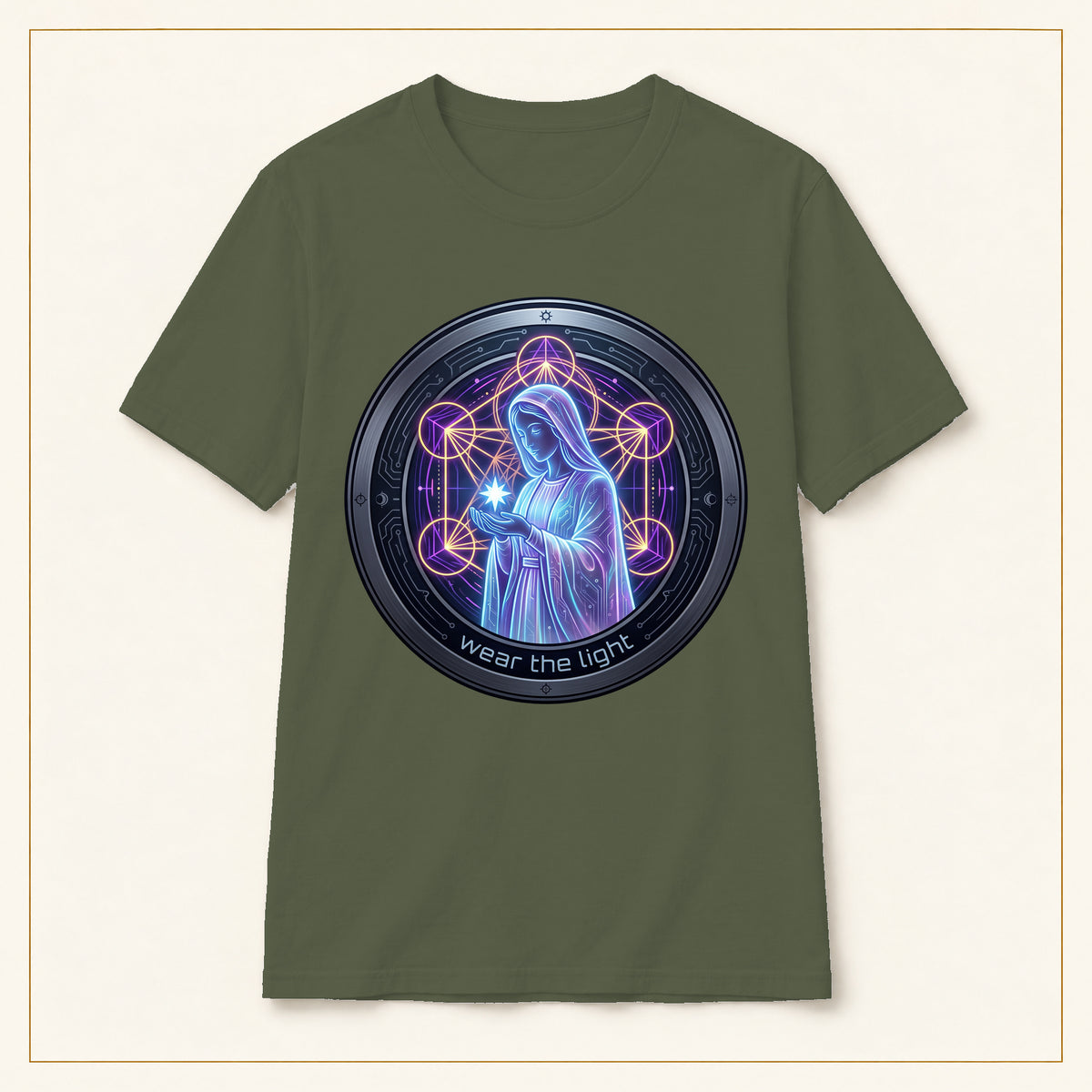 Virgin Mary T-Shirt — Neon Sacred Geometry — compact lay-flat, production print scale and placement — Military Green
