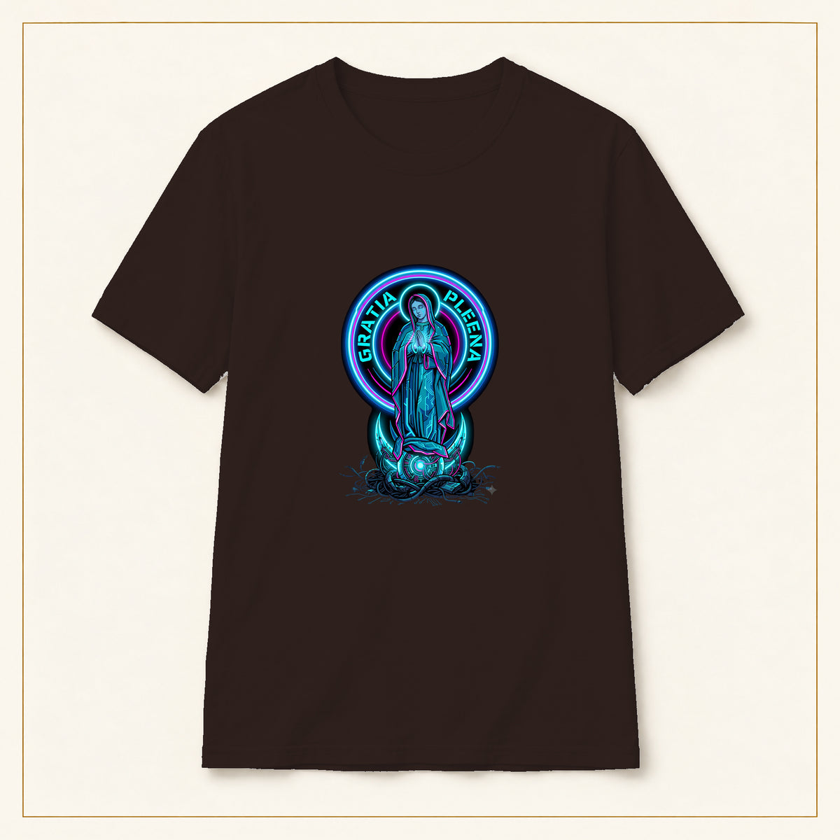 Gratia Plena T-Shirt — Neon Virgin Mary — compact lay-flat, production print scale and placement — Dark Chocolate