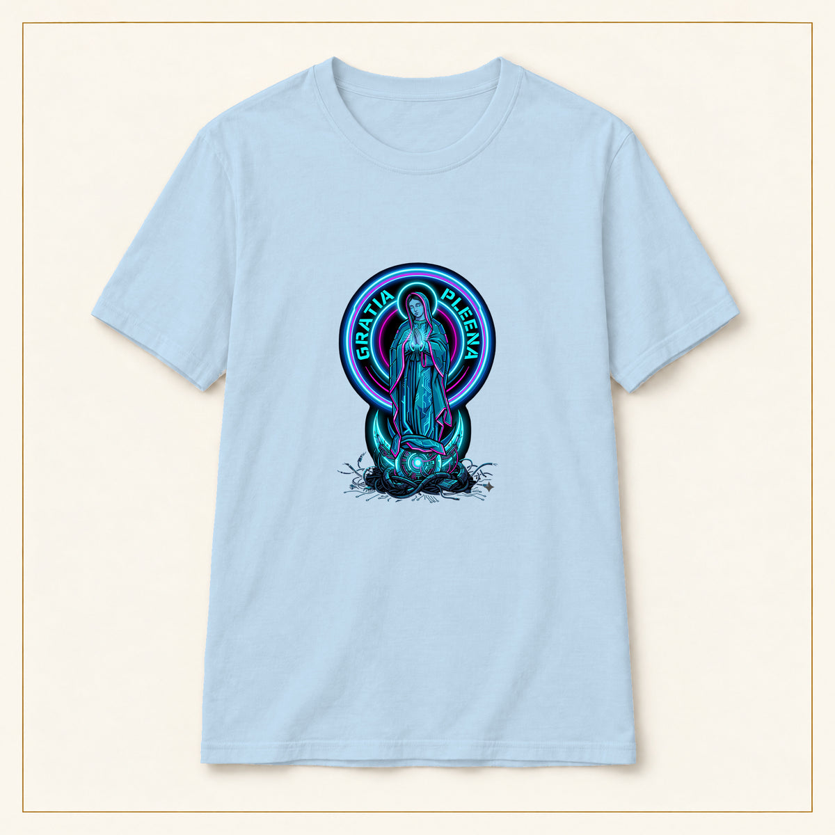 Gratia Plena T-Shirt — Neon Virgin Mary — compact lay-flat, production print scale and placement — Light Blue