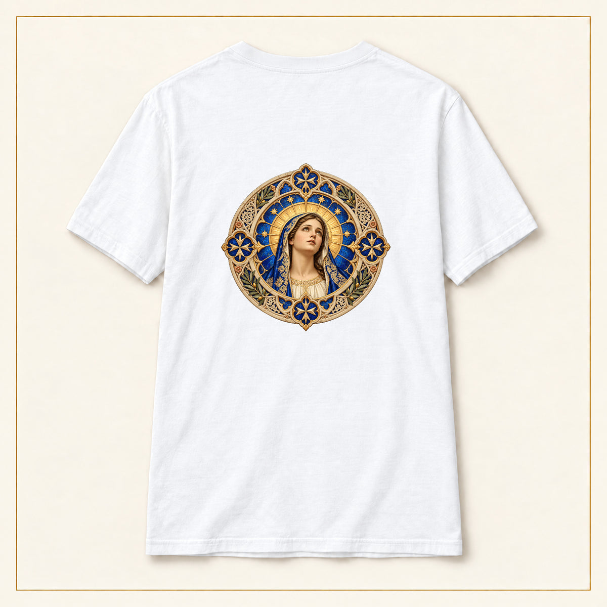 Our Lady of Ta' Pinu — Rose Window White T-Shirt — compact lay-flat, original print scale and placement — back view