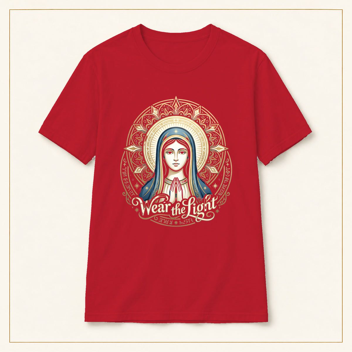 Virgin Mary Mandala T-Shirt — Sacred Geometry — compact lay-flat, production print scale and placement — Red