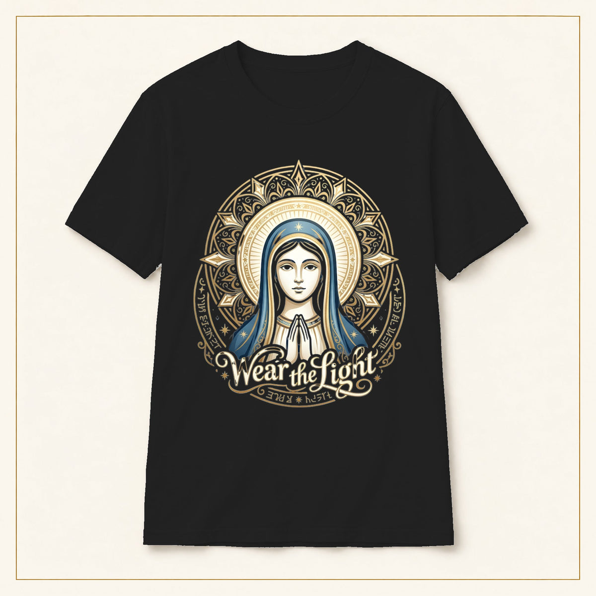 Virgin Mary Mandala T-Shirt — Sacred Geometry — black shirt on warm limestone with gold frame