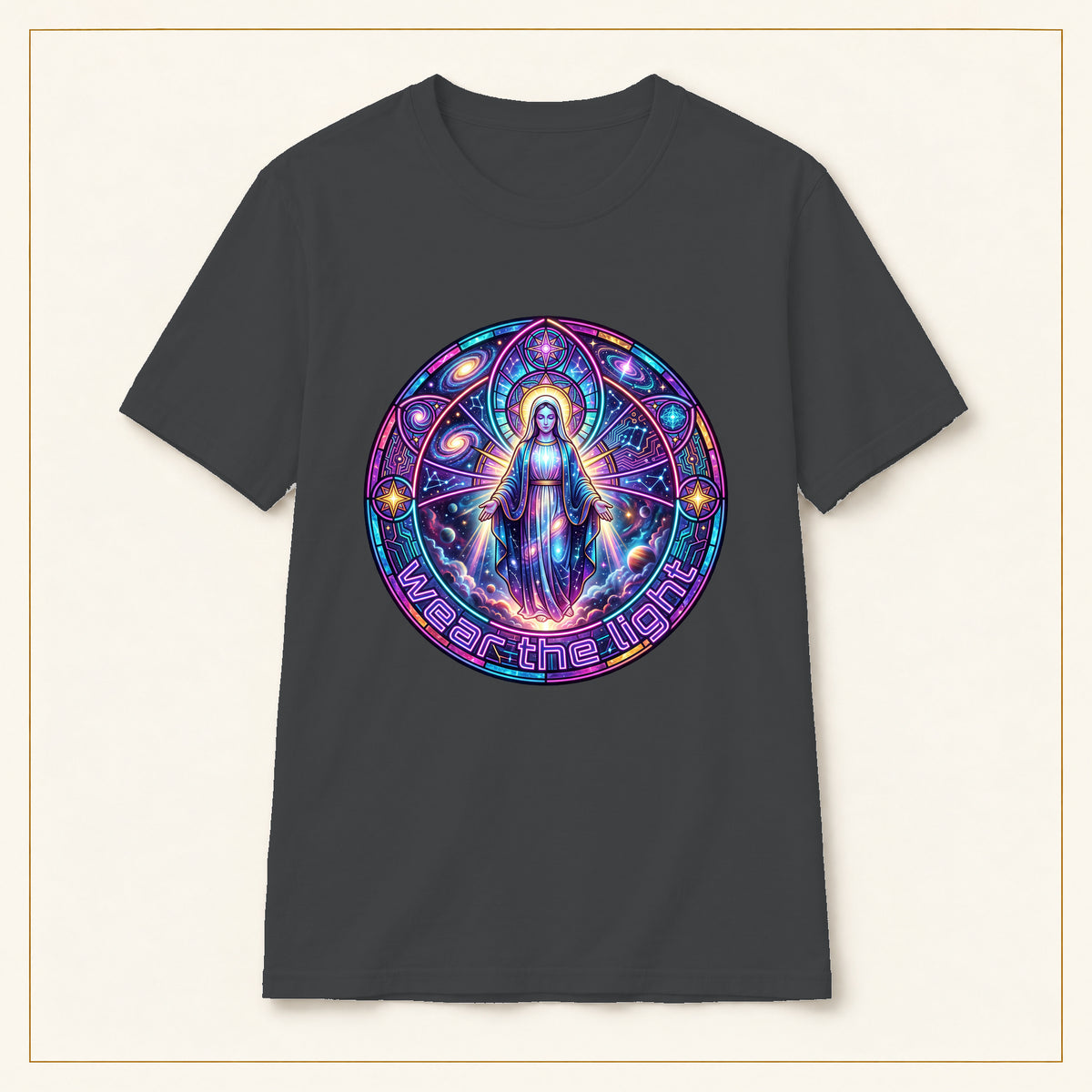 Mystic Madonna T-Shirt — Cosmic Stained Glass — compact lay-flat, production print scale and placement — Dark Heather